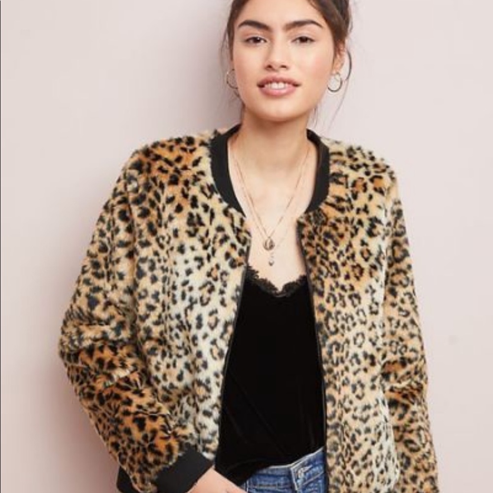 Anthropologie leopard faux fur jacket